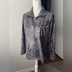 Misook | Leopard Print Sequin Zip-Up Statement Jacket
